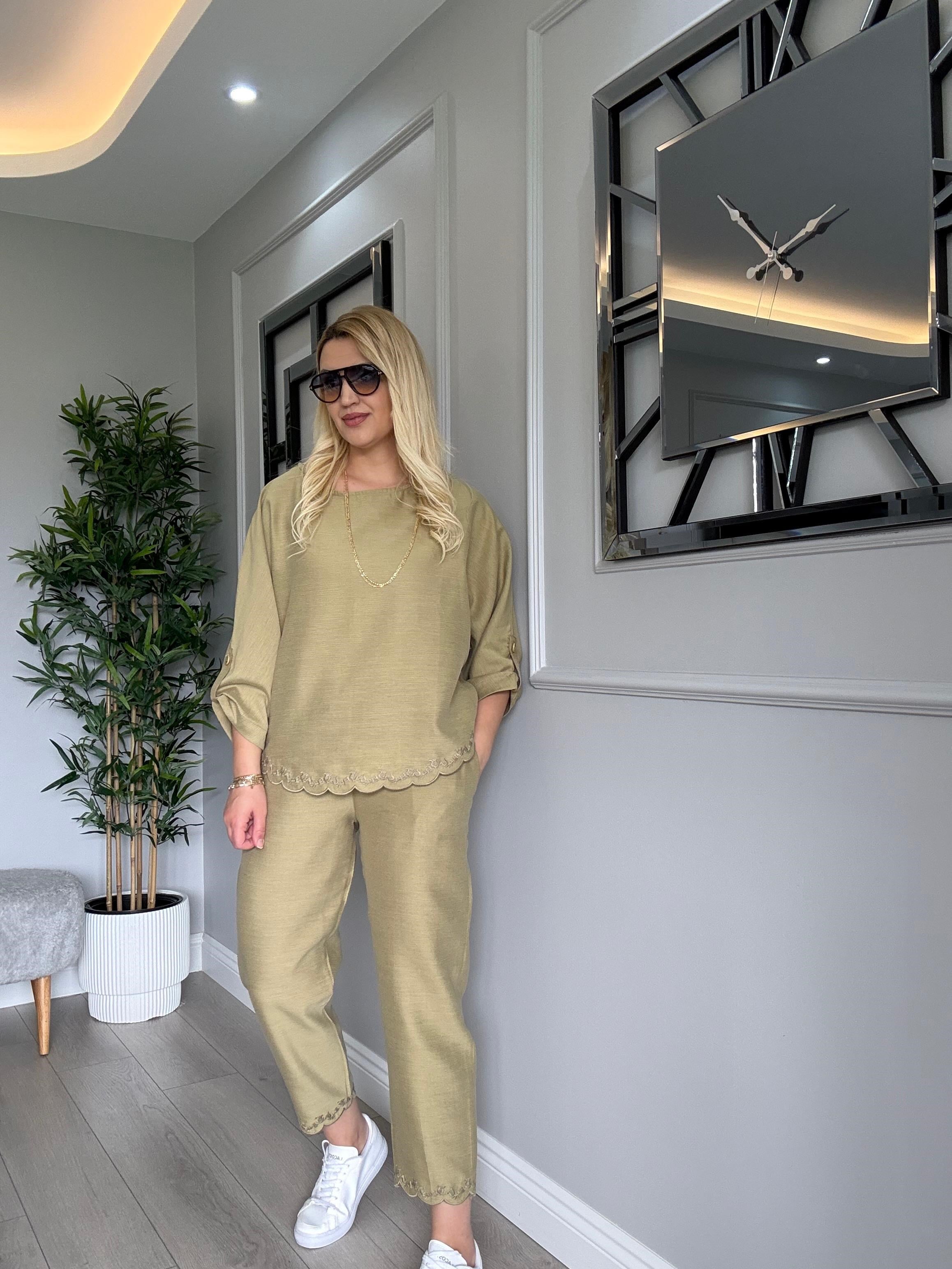 TİRİL TİRİL NATURAL KETEN NAKIŞLI TAKIM YAĞ YEŞİLİ