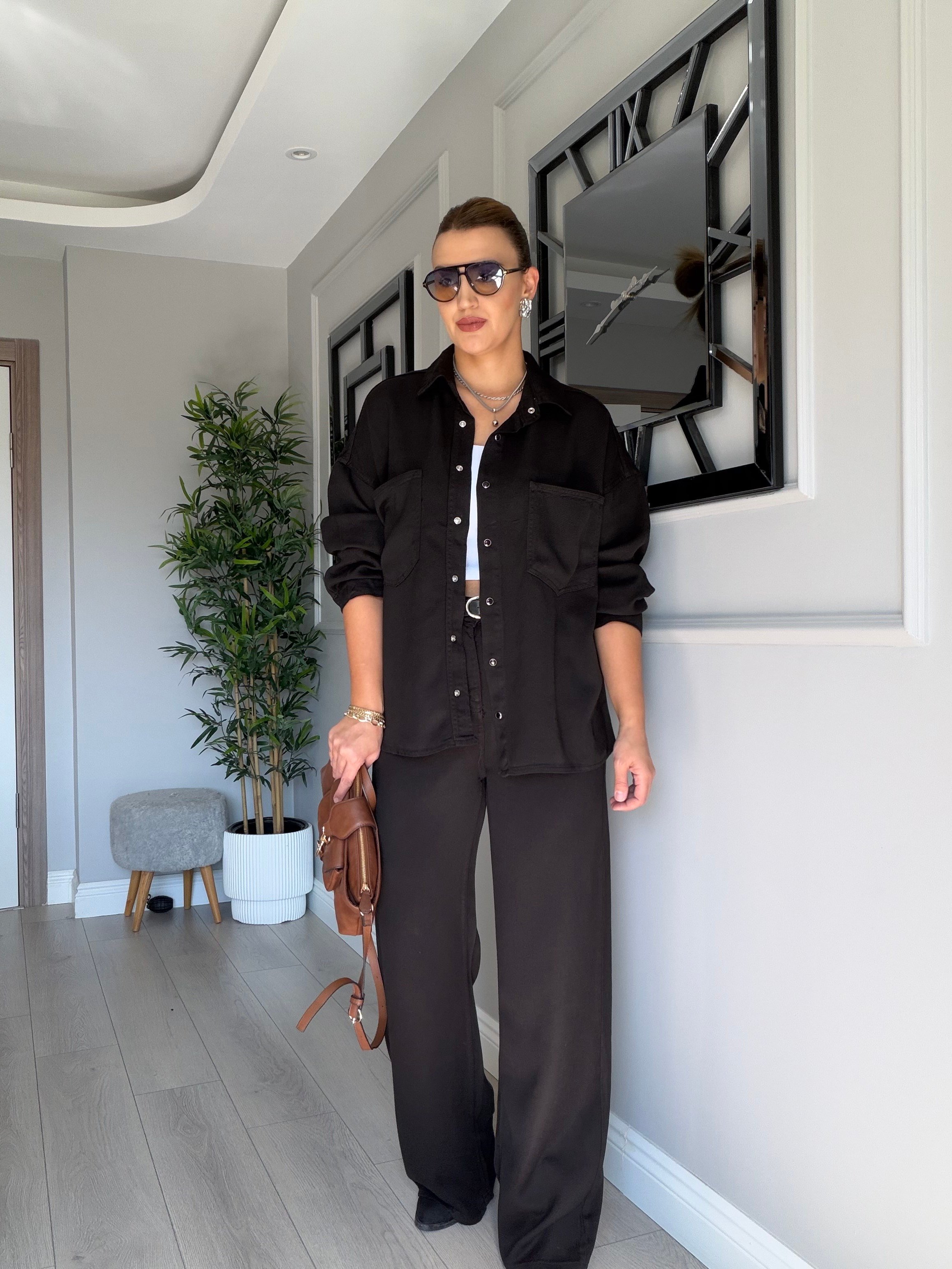 Yumuşacık dökümlü denim takım- siyah