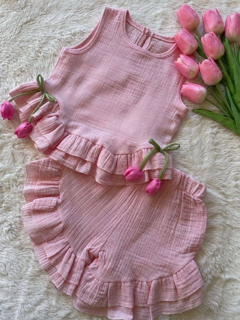 lale aplikeli müslin takım pembe