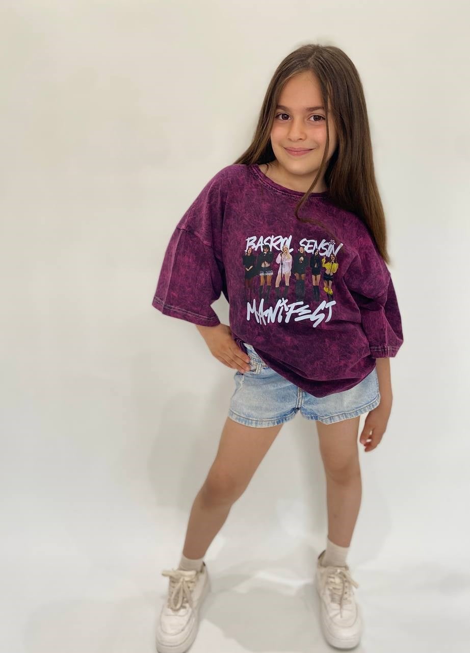 Manifest Yıkamalı Mor Oversize Tişört