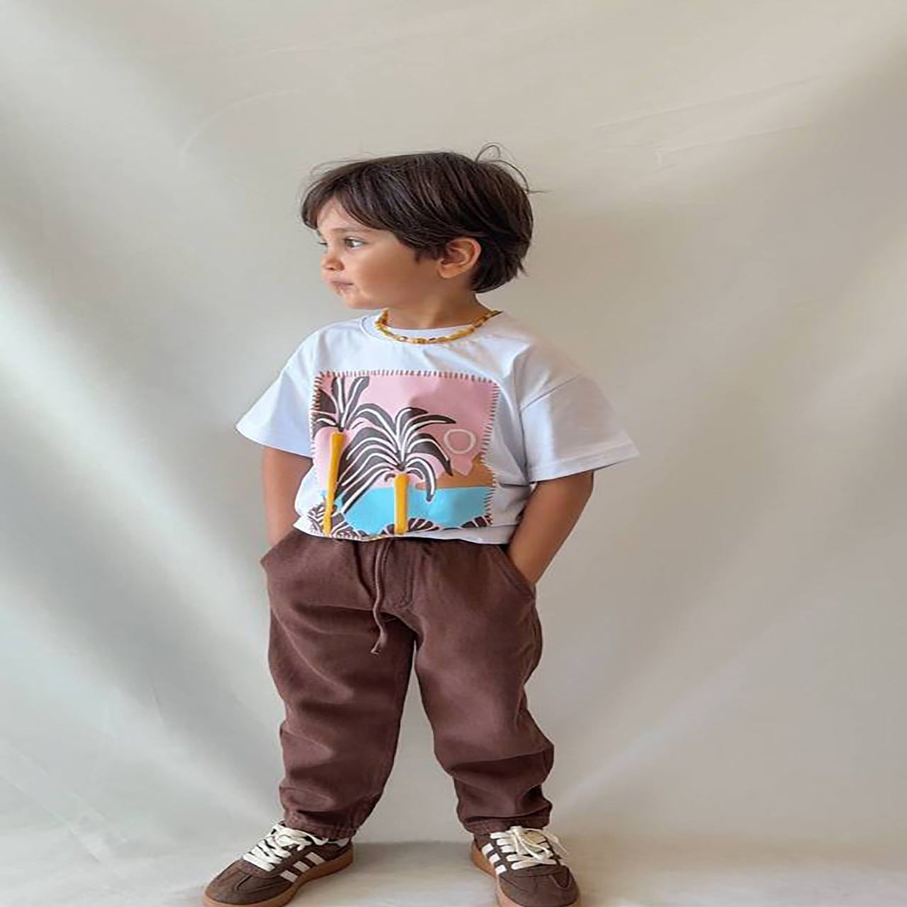 Palmiye Basklı Kahverengi Gabardin 2'li Takım