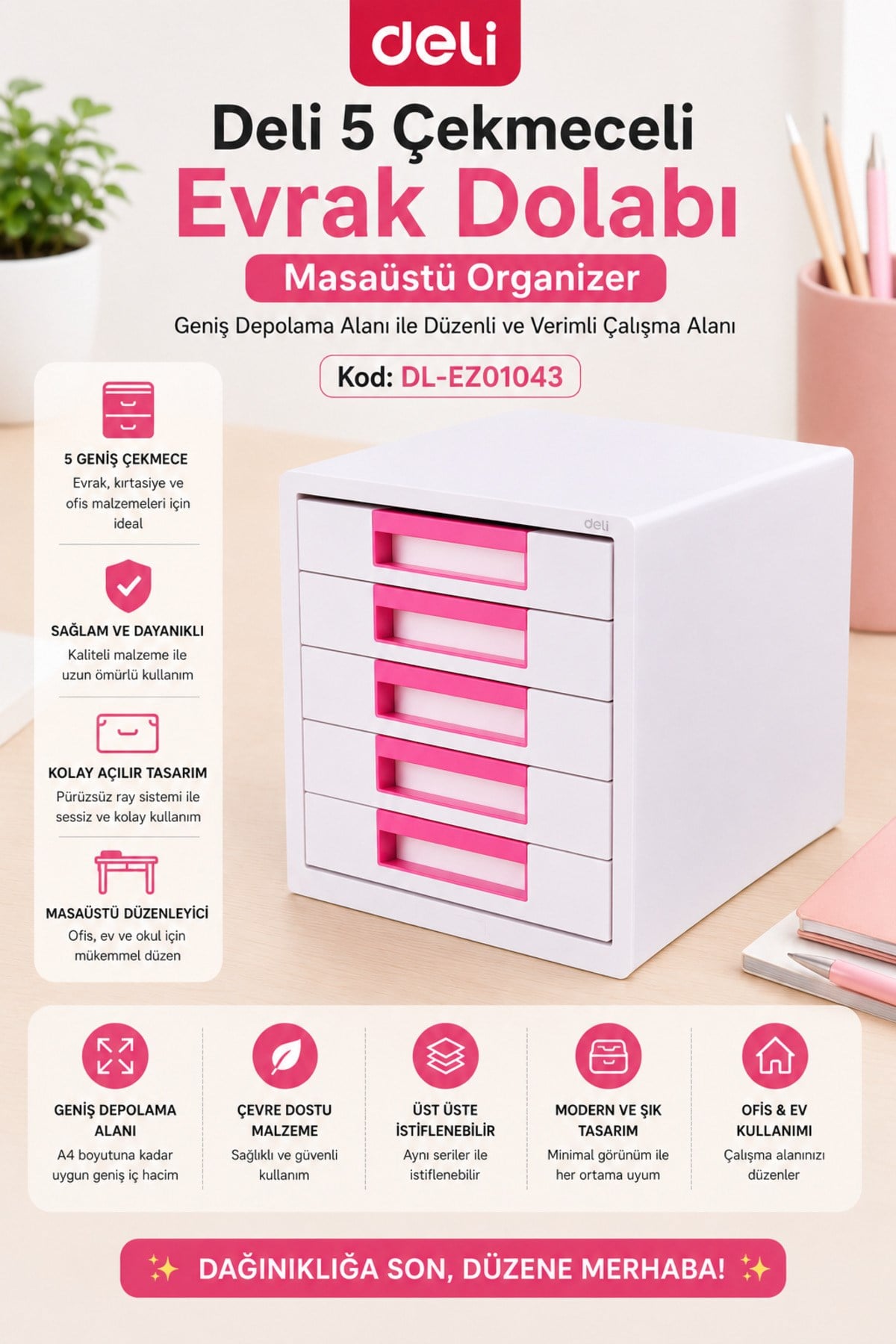 5 Çekmeceli Evrak Dolabı Pembe – Masaüstü Organizer, Geniş Depolama Alanı, Ofis ve Ev Düzenleyi