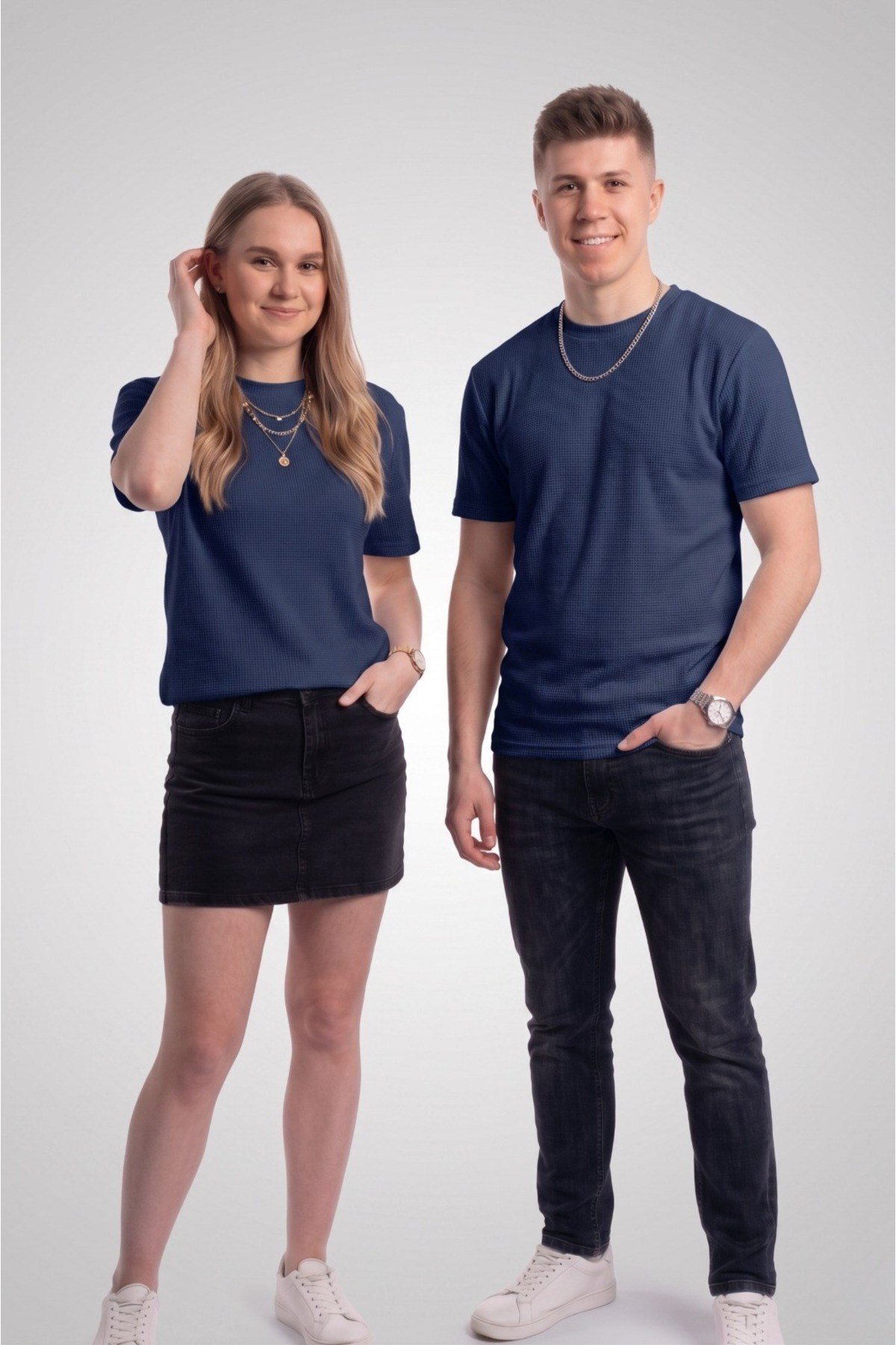 Basic Style Unisex Lacivert Waffle Kumaş Basic Tişört T-Shirt