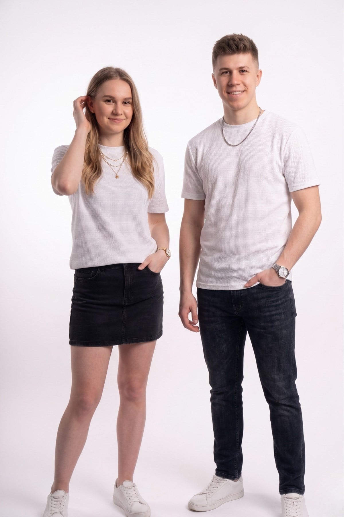 Unisex Beyaz Waffle Kumaş Basic Tişört T-shirt