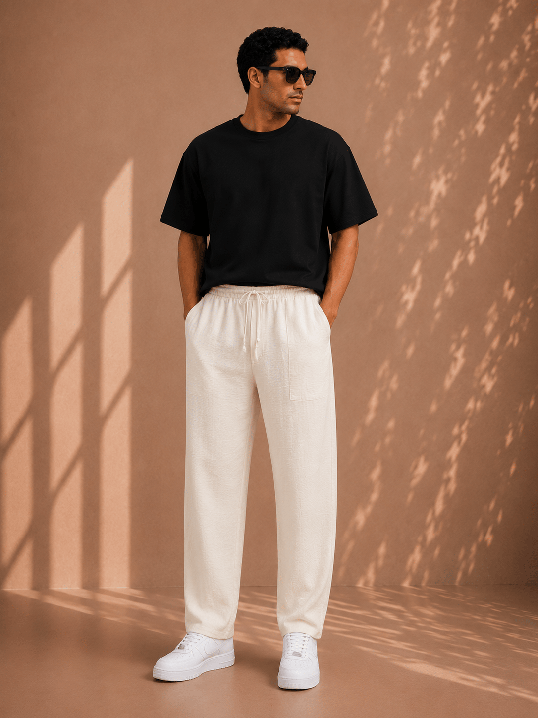 Beyaz Keten Relax Fit Bağcıklı Erkek Pantolon