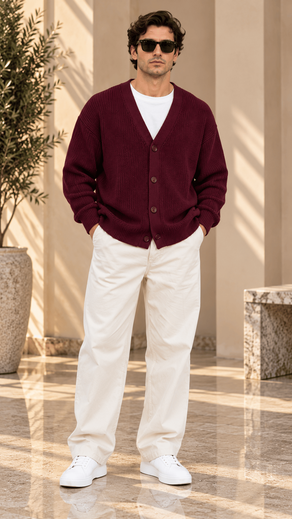 Bordo V Yaka Düğmeli Oversize Erkek Triko Hırka