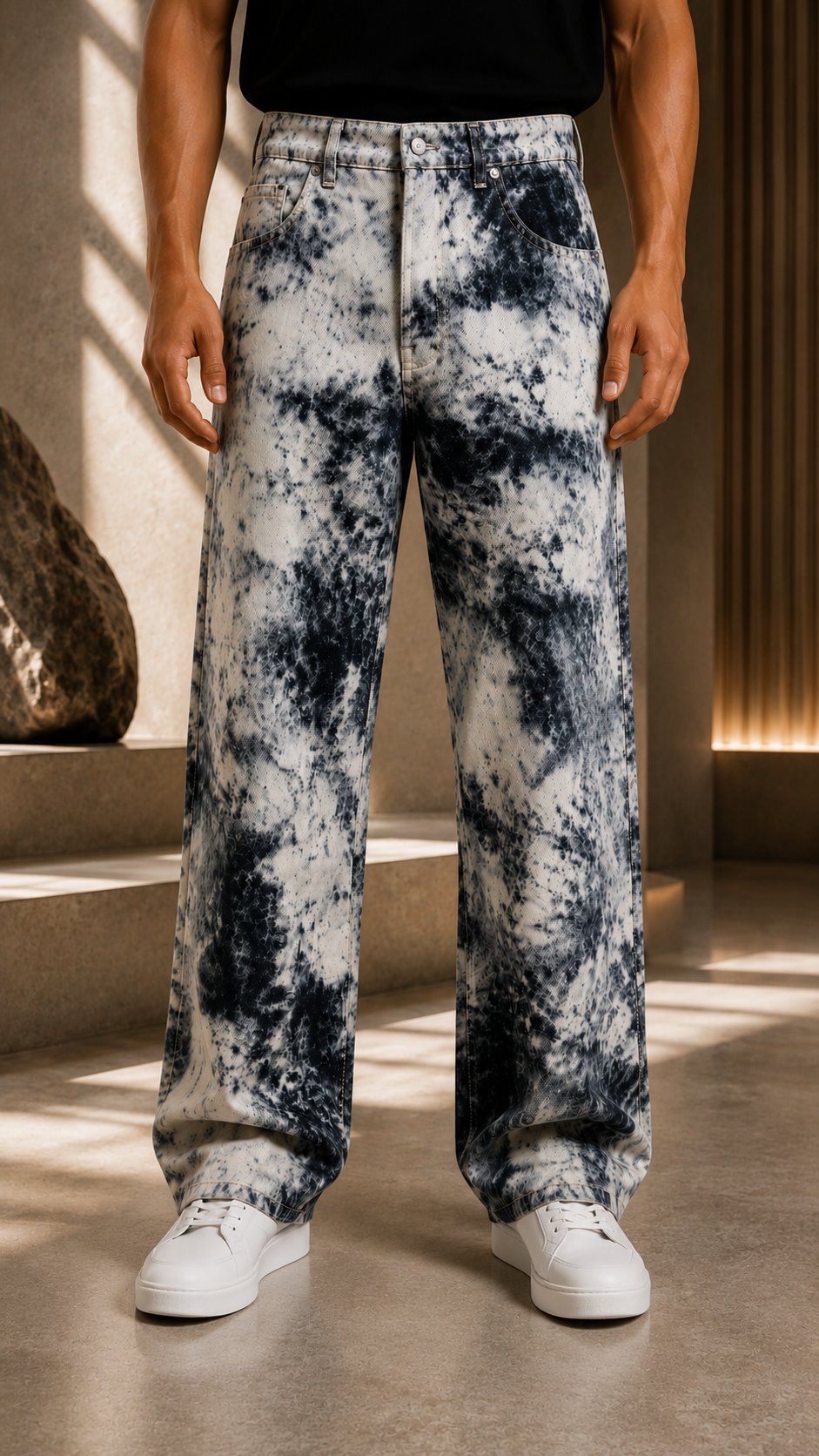 Mavi Batik Desenli Baggy Fit Erkek Jean Pantolon