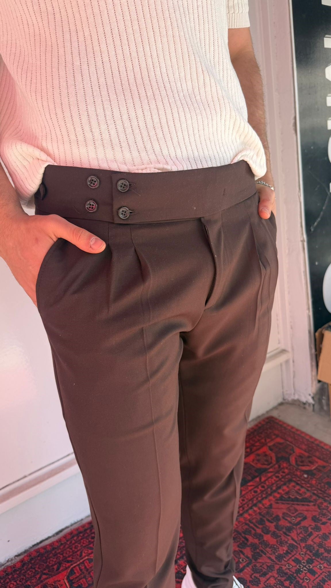 Kahve Düğmeli Pileli Erkek Pantolon