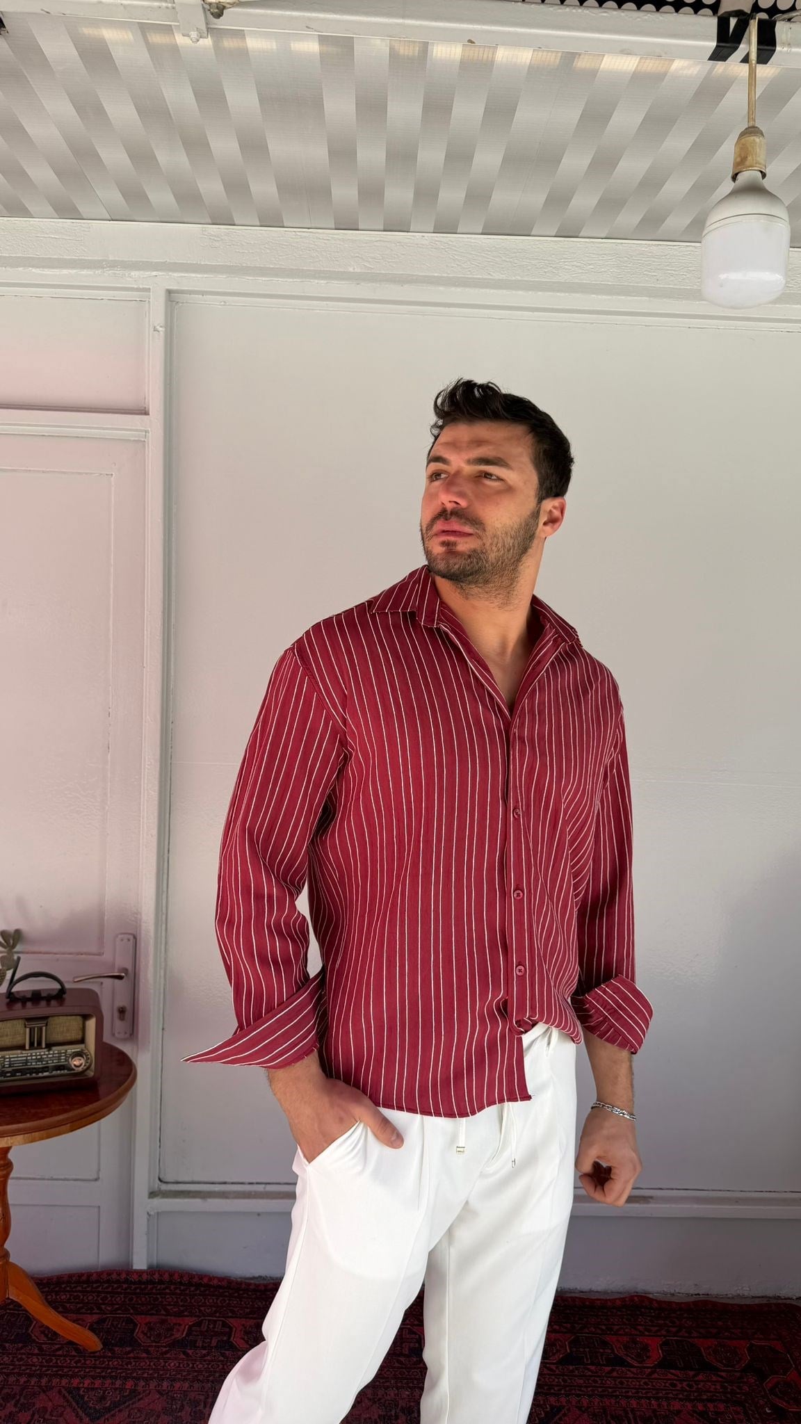 CasualMentr Bordo Çizgili Oversize Müslin Gömlek