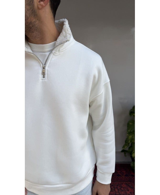Casual Men Arctic Yaka Kürklü Yarım Fermuarlı Sweatshirt Beyaz