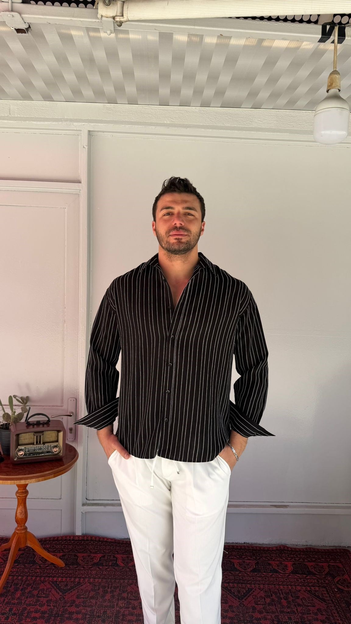 CasualMentr Siyah Çizgili Oversize Erkek Gömlek