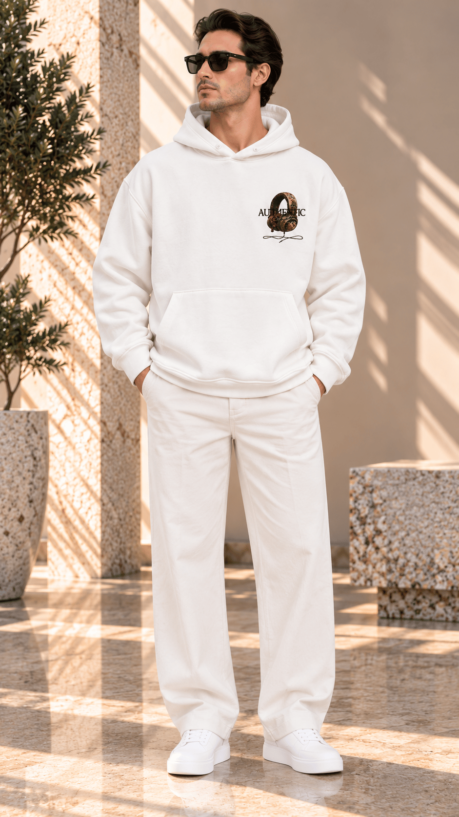 Ekru Authentic Headphone Baskılı Oversize Erkek Hoodie