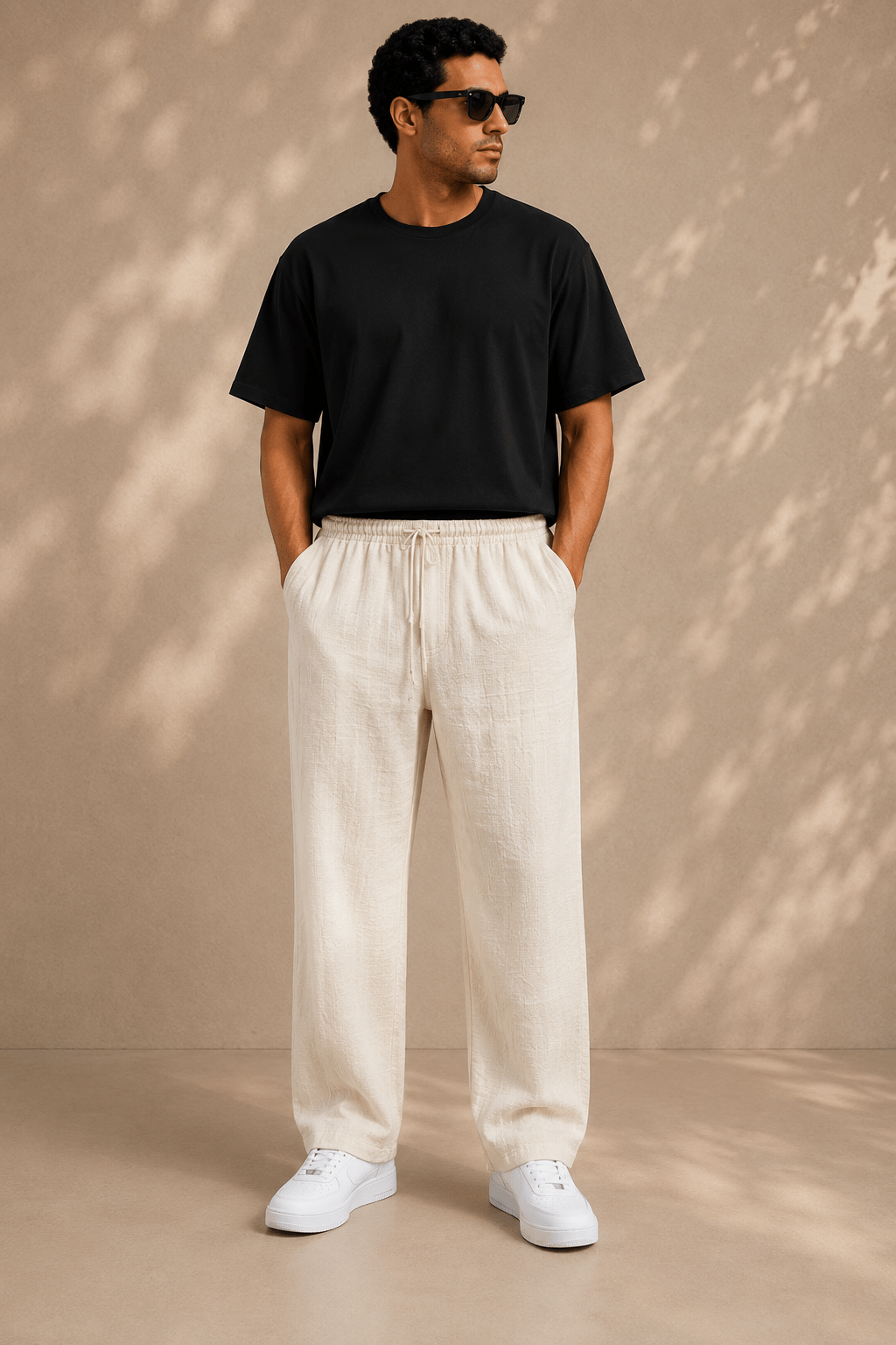 Ekru Keten Relax Fit Lastikli Bel Erkek Pantolon
