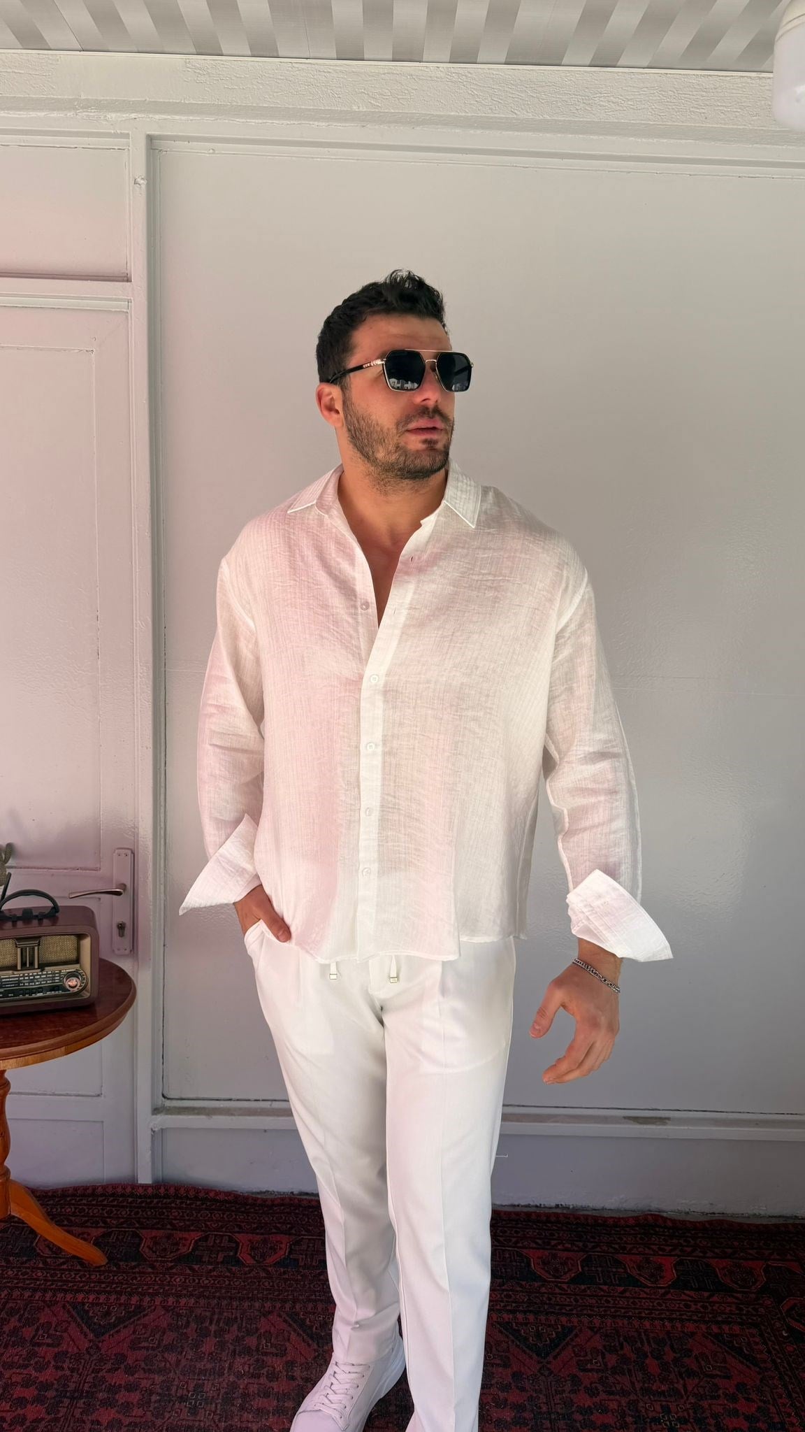 CasualMentr Beyaz Oversize Keten Dokulu Erkek Gömlek