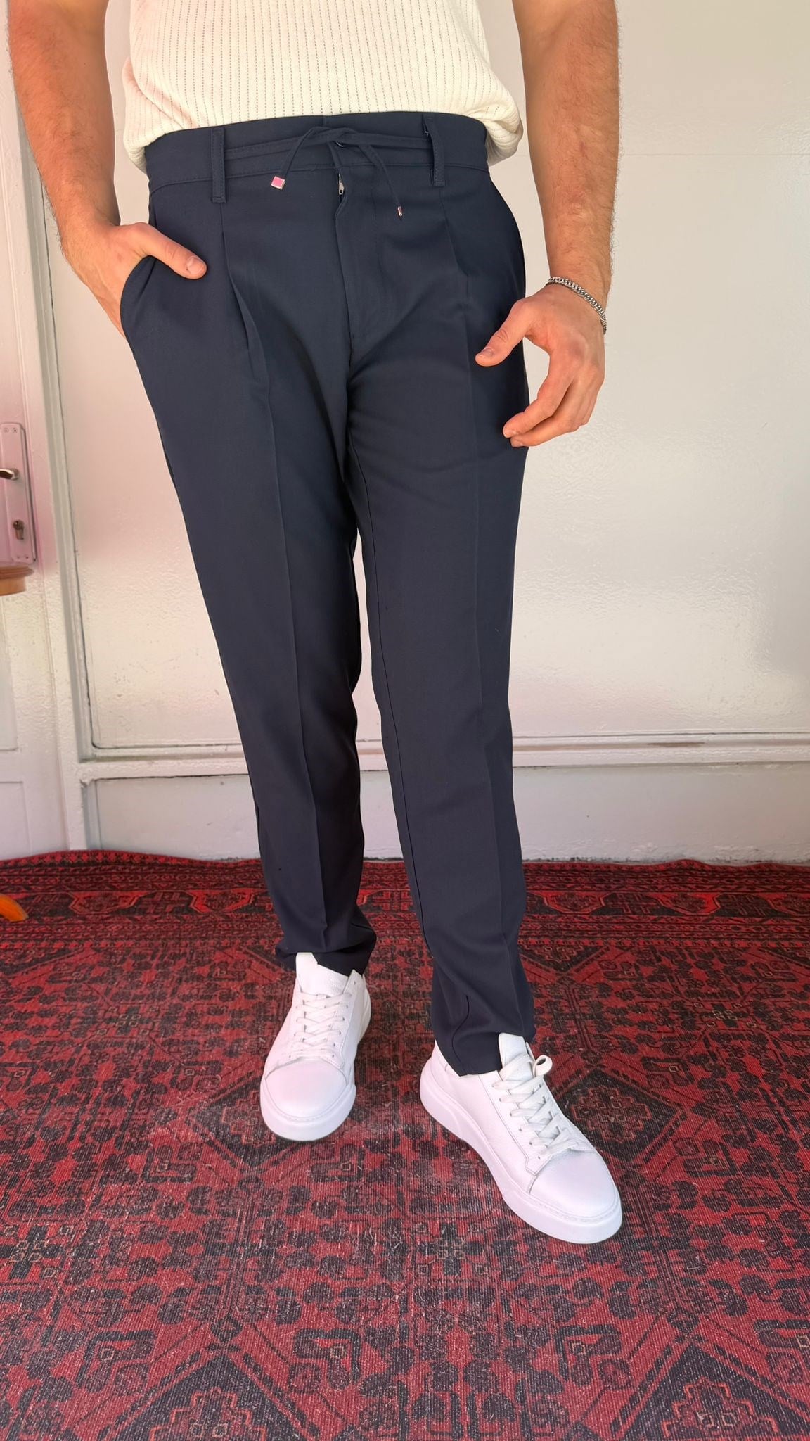Lacivert Tek Pile Bağcıklı Pantolon