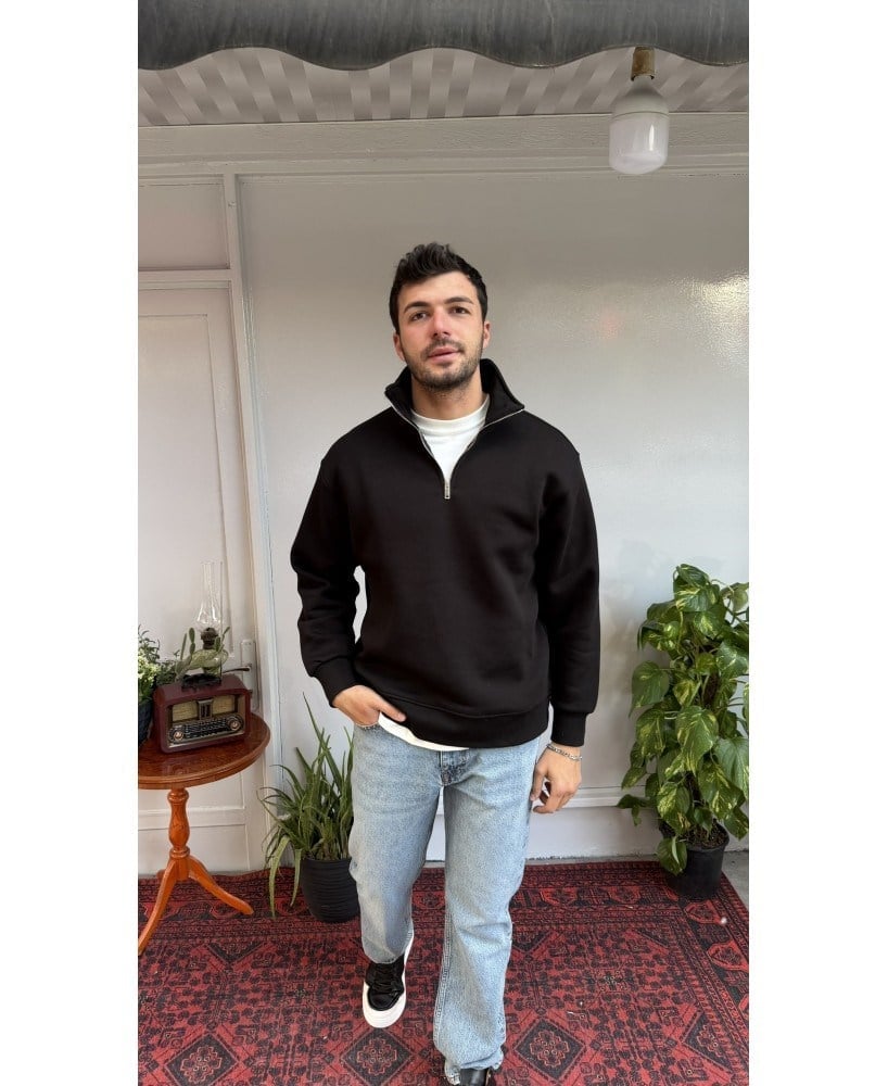Casual Men Basic Yarım Fermuarlı Oversize Sweatshirt Siyah