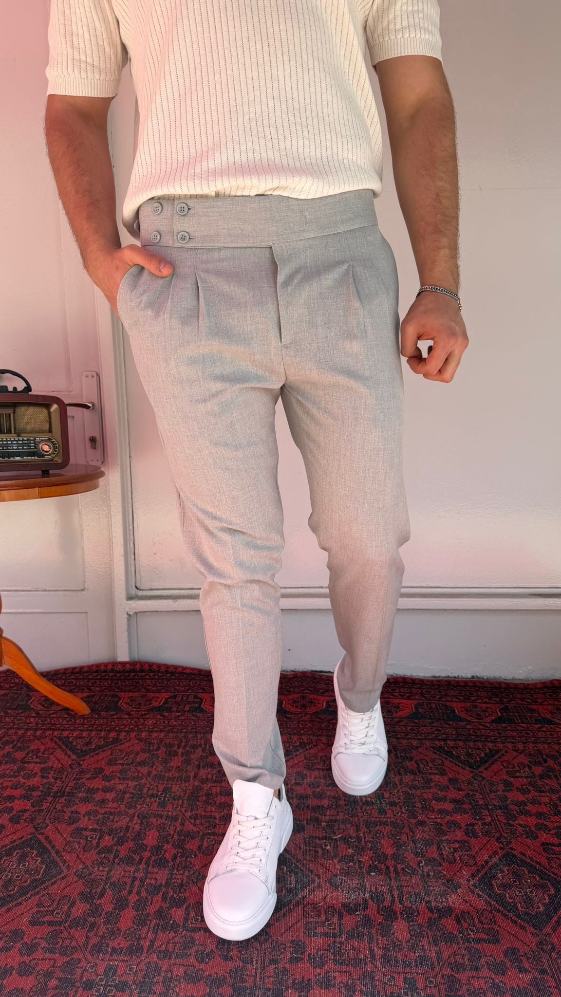 Gümüş Gri Düğmeli Yüksek Bel Erkek Pantolon