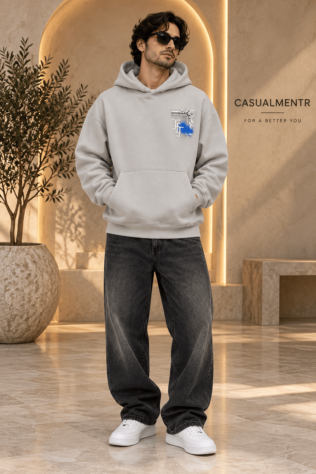 Loyalty Taş Gri Oversize Grafik Baskılı Kapüşonlu Sweatshirt