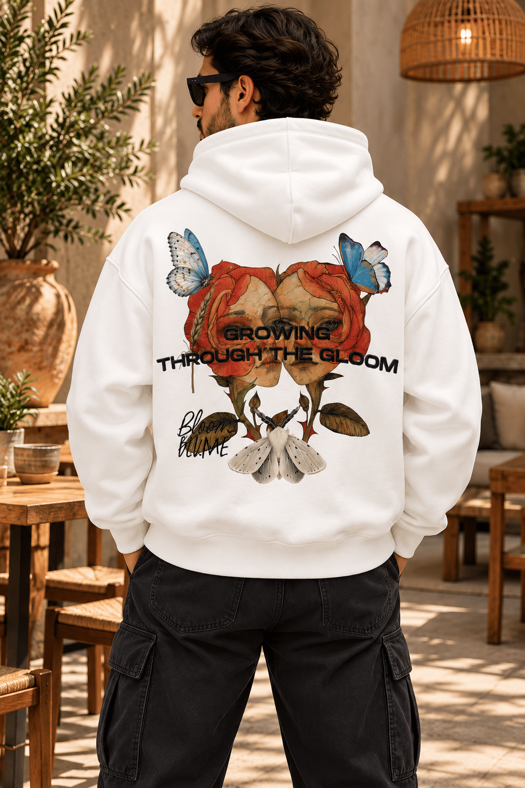 Beyaz Grafik Baskılı Oversize Erkek Hoodie