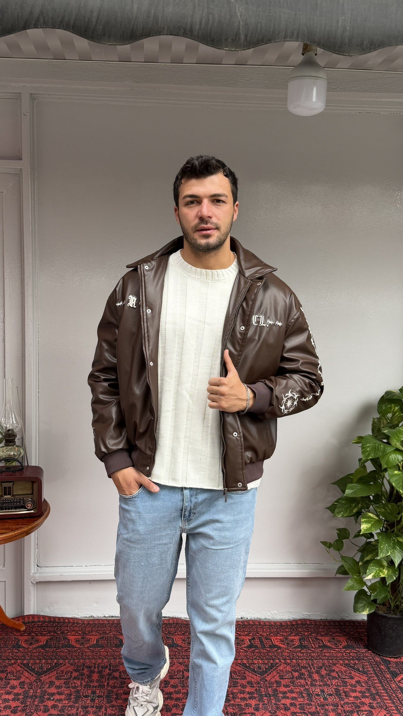 Arka Nakış Retro Deri Ceket