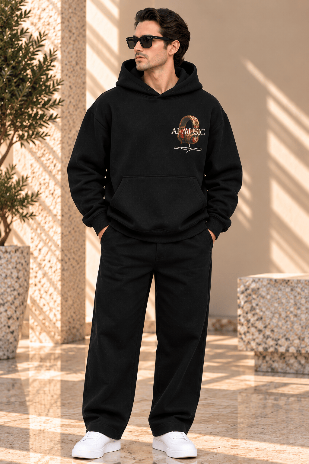 Siyah Authentic Sounds Baskılı Oversize Erkek Hoodie