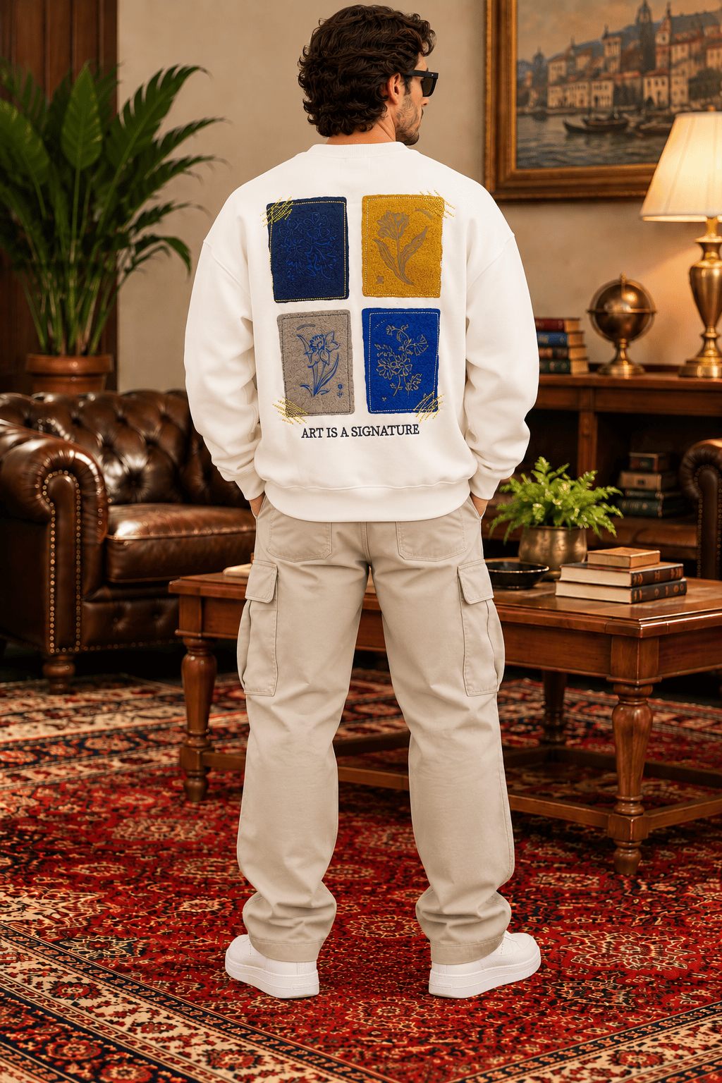 Ekru Nakış Detaylı Oversize Erkek Sweatshirt