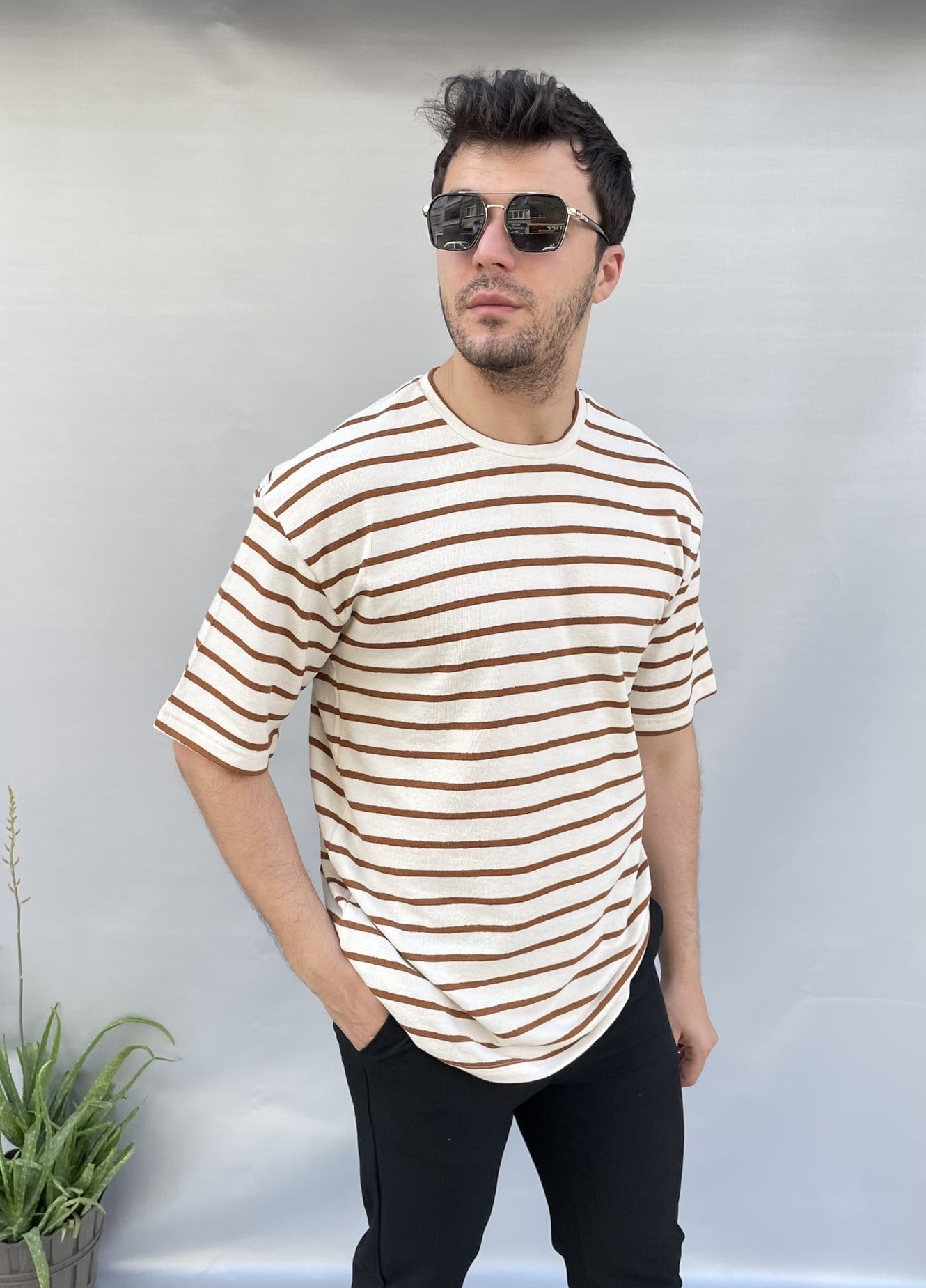 Kahve Çizgili Dokulu Oversize Erkek Tişört