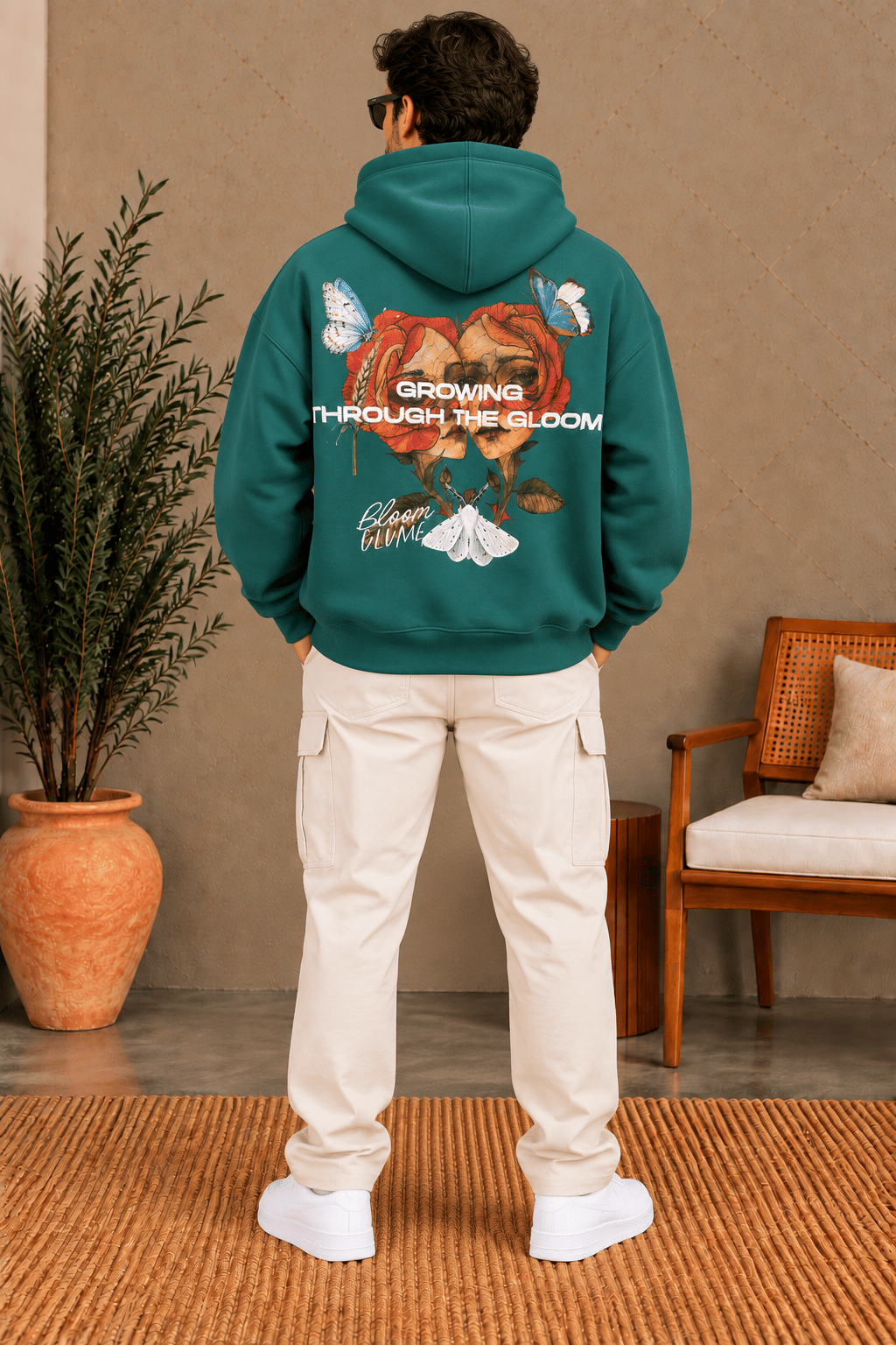 Koyu Yeşil Grafik Baskılı Erkek Hoodie