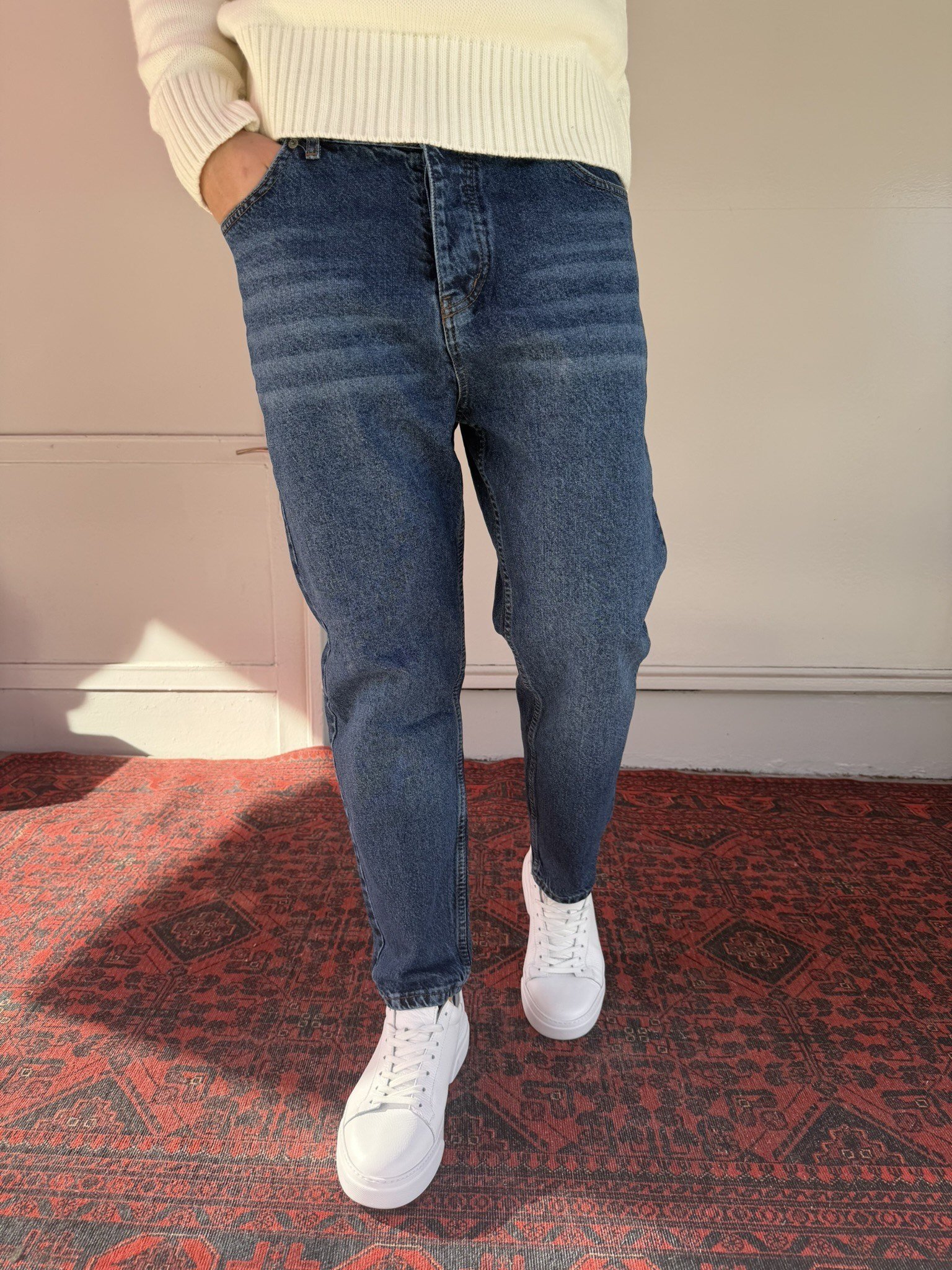 Keps Lacivert Parmak Yıkamalı Boyfriend Jean
