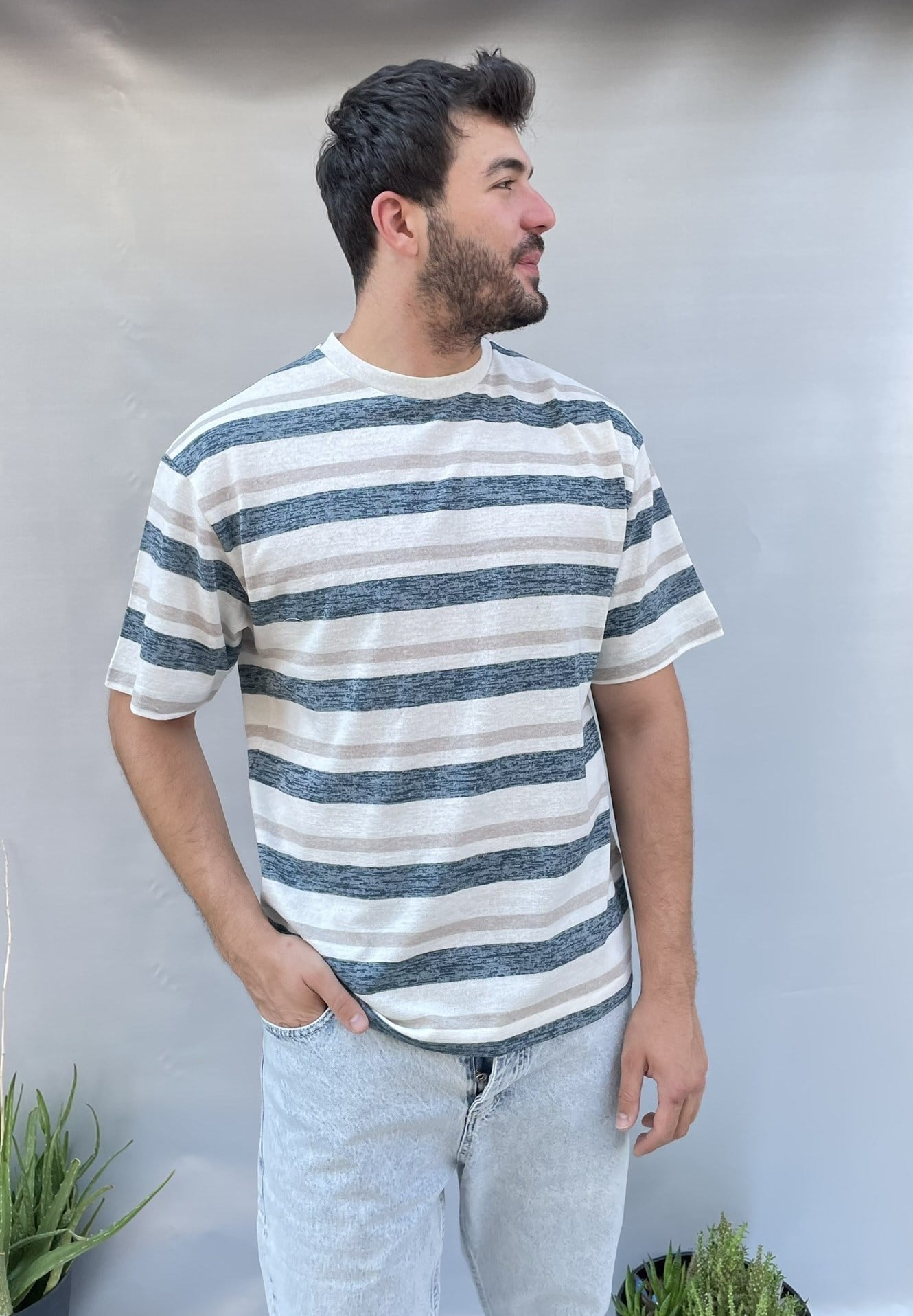 Renkli Çizgili Oversize İnce Triko T-shirt