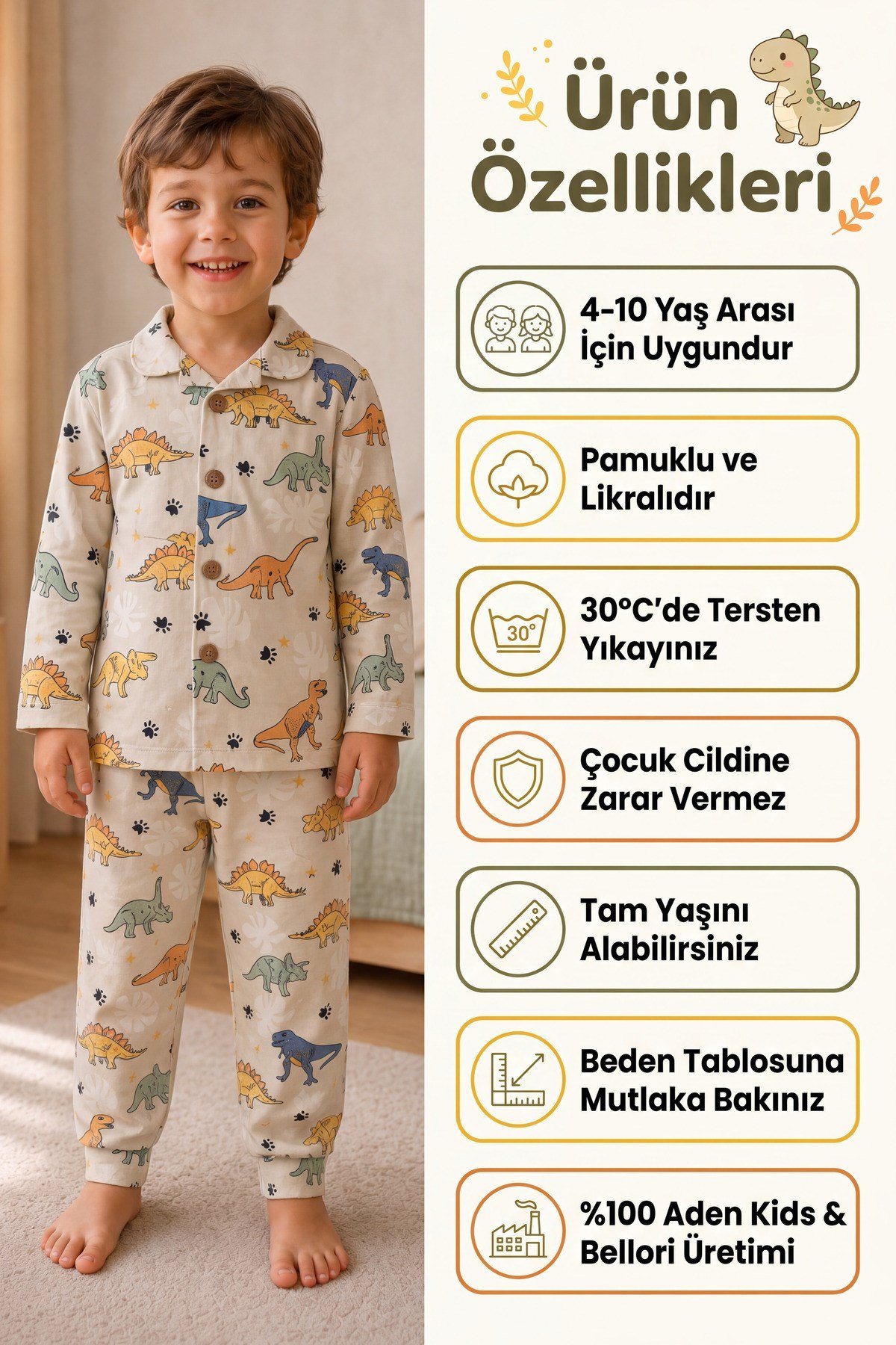  Erkek çocuk dinazorlar basklı gömlek yaka düğmeli pijama takımı