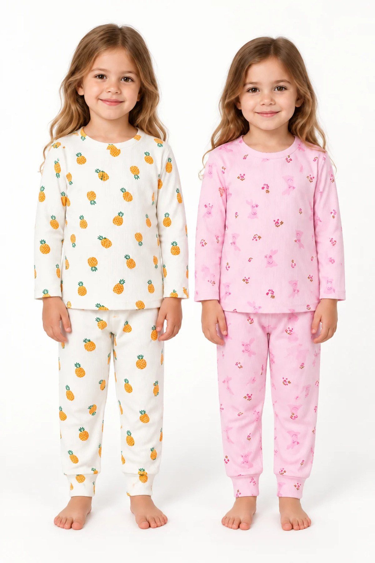 kız çocuk 2li raporlu kumaş pijama takımı