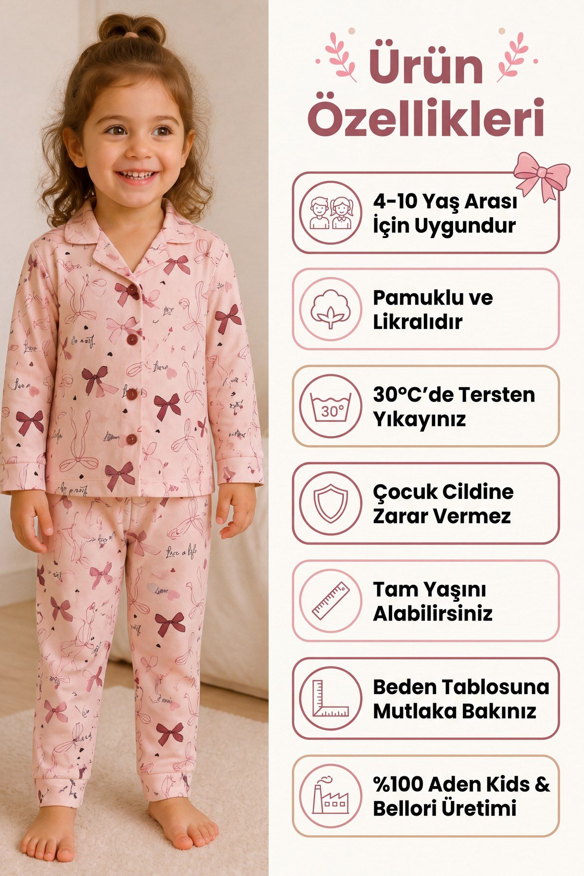Kız Çocuk Pembe Fiyonk ve Kalp Desenli Uzun Kollu Pijama Takımı