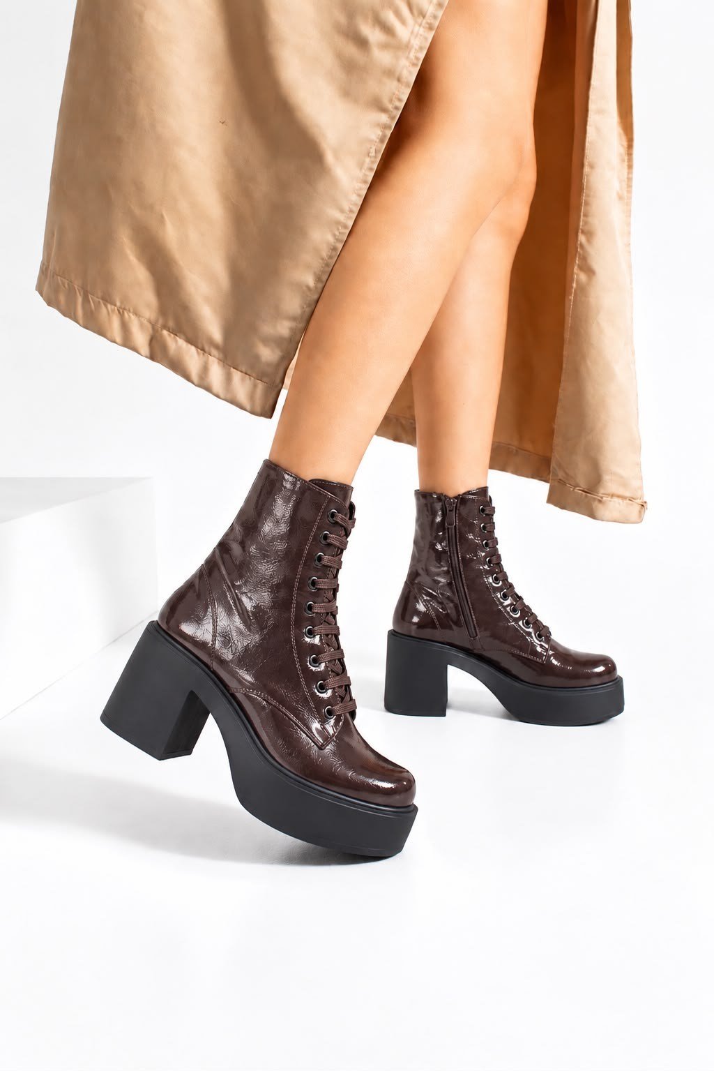 MELVIAN Kadın Acı Kahve Kırışık Rugan Bağcıklı Fermuarlı İçi Kürklü 8 Cm Kalın Topuklu 3 Cm Platform