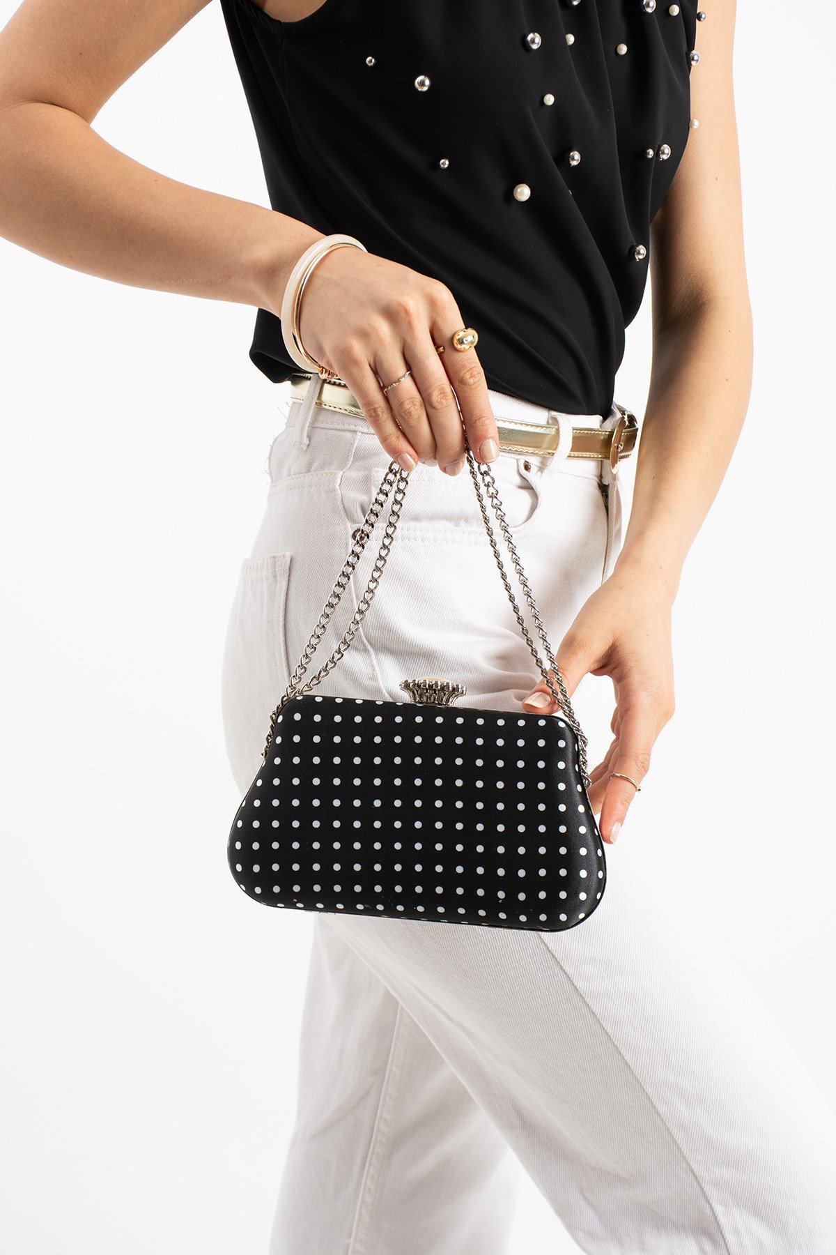 POLKIA Siyah Saten Kumaş Puantiye Desenli Zincir Askılı Klips Kapamalı Clutch Çanta