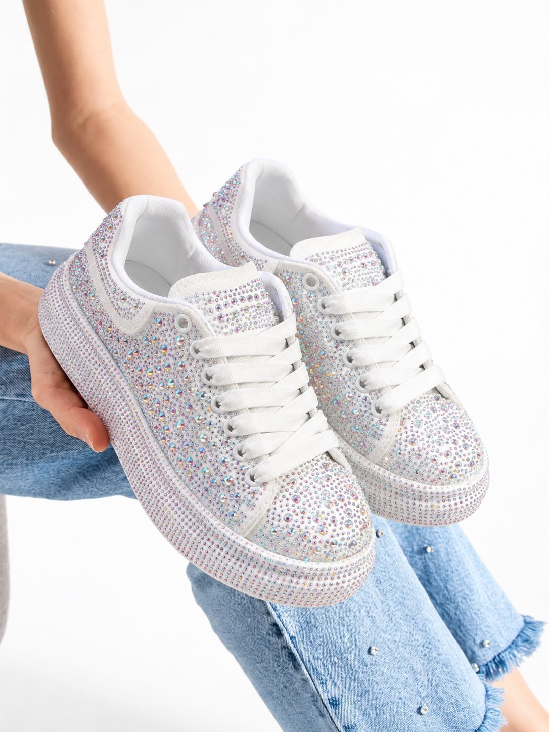 STELLA Kadın Beyaz Taşlı Işıltılı Platform Sneakers Spor Ayakkabı