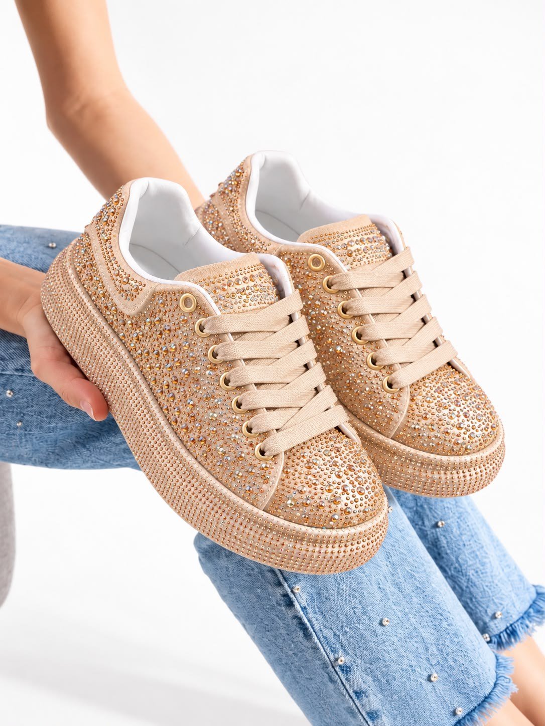 STELLA Kadın Gold Taşlı Işıltılı Platform Sneakers Spor Ayakkabı