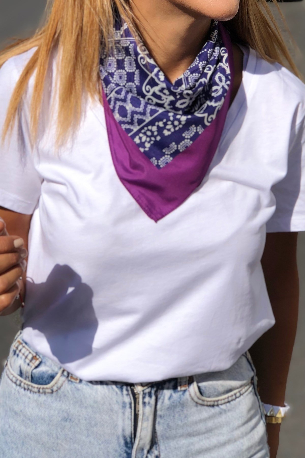 Lacivert Mor Desenli Fular Bandana Kadın Giyim Aksesuar