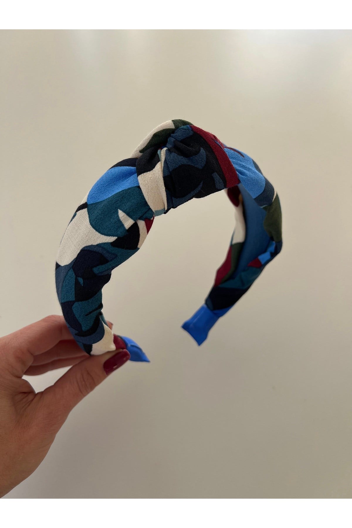 Mavi Desenli Düğümlü Taç Bandana kadın saç aksesuarı