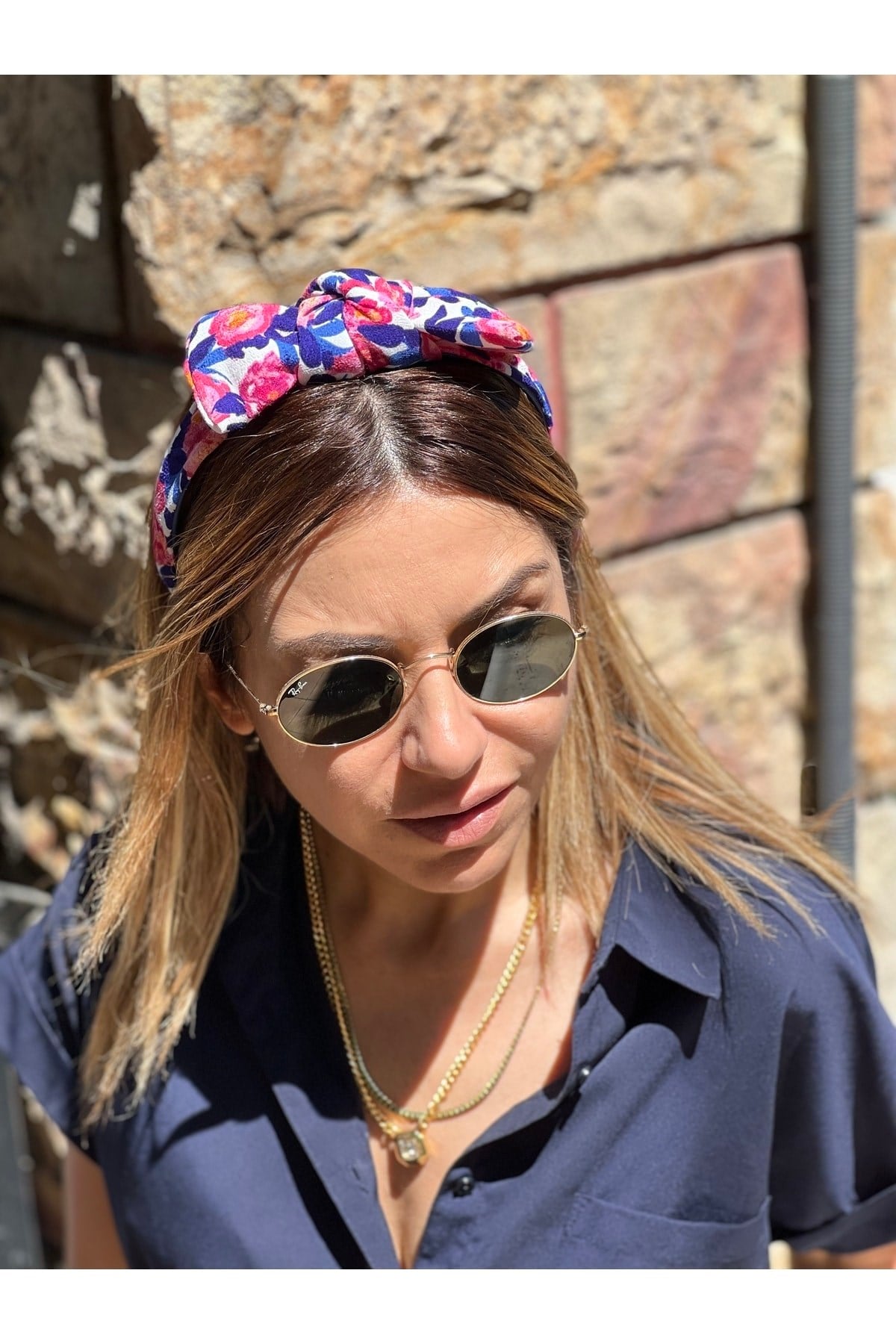 Pembe Mavi Çiçekli Kurdele Taç Saç Bandı