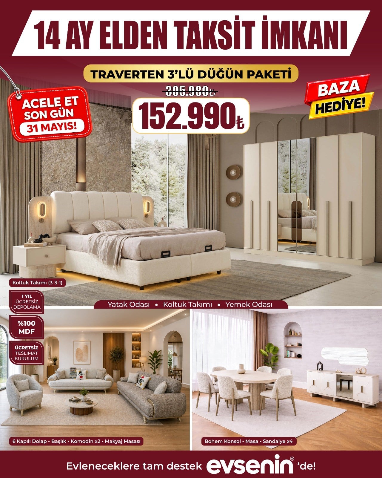 Traverten 3'lü Dügün Paketi