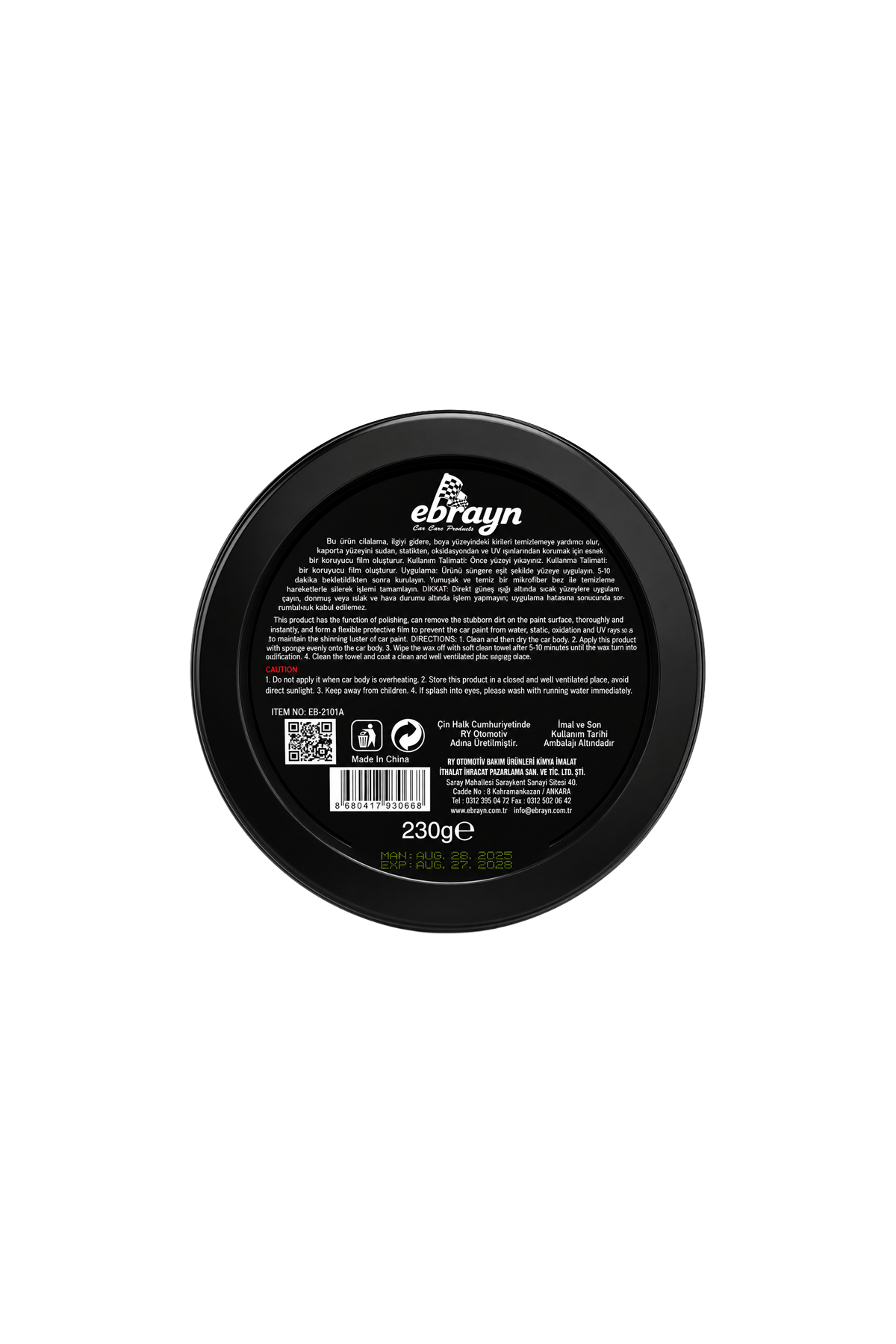Ebrayn Polish Car Wax Katı Macun Cila 230g - Matlık Giderici ve Boya Koruyucu Pasta Cila