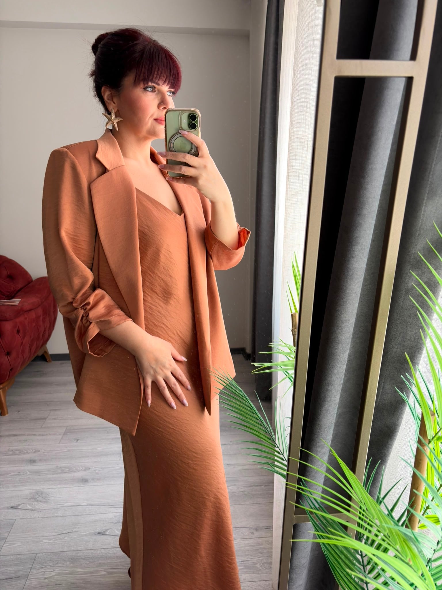 Saten Camel elbise ceket