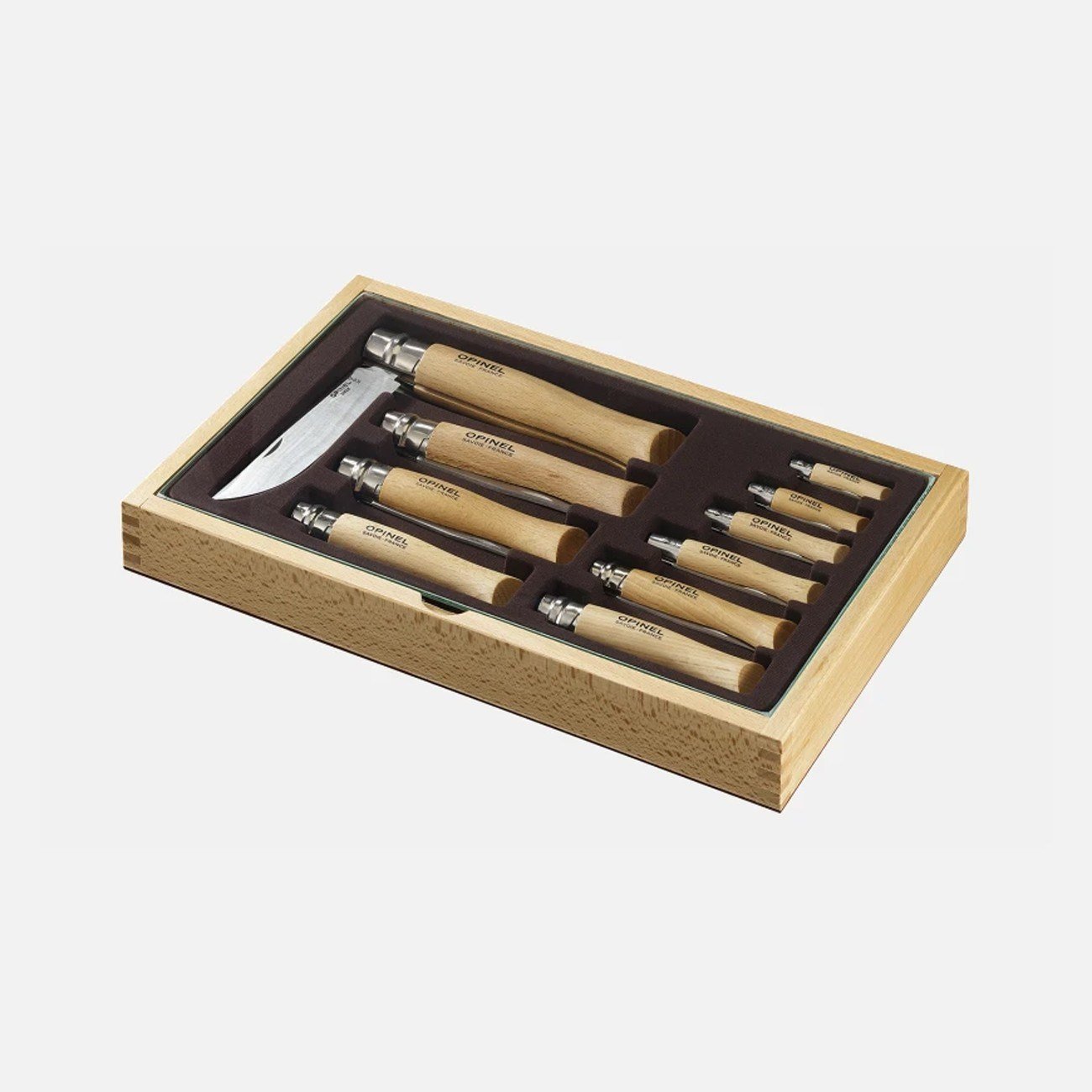 Opinel 10'lu Karbon Bıçağı Koleksiyonu Cam Kapaklı