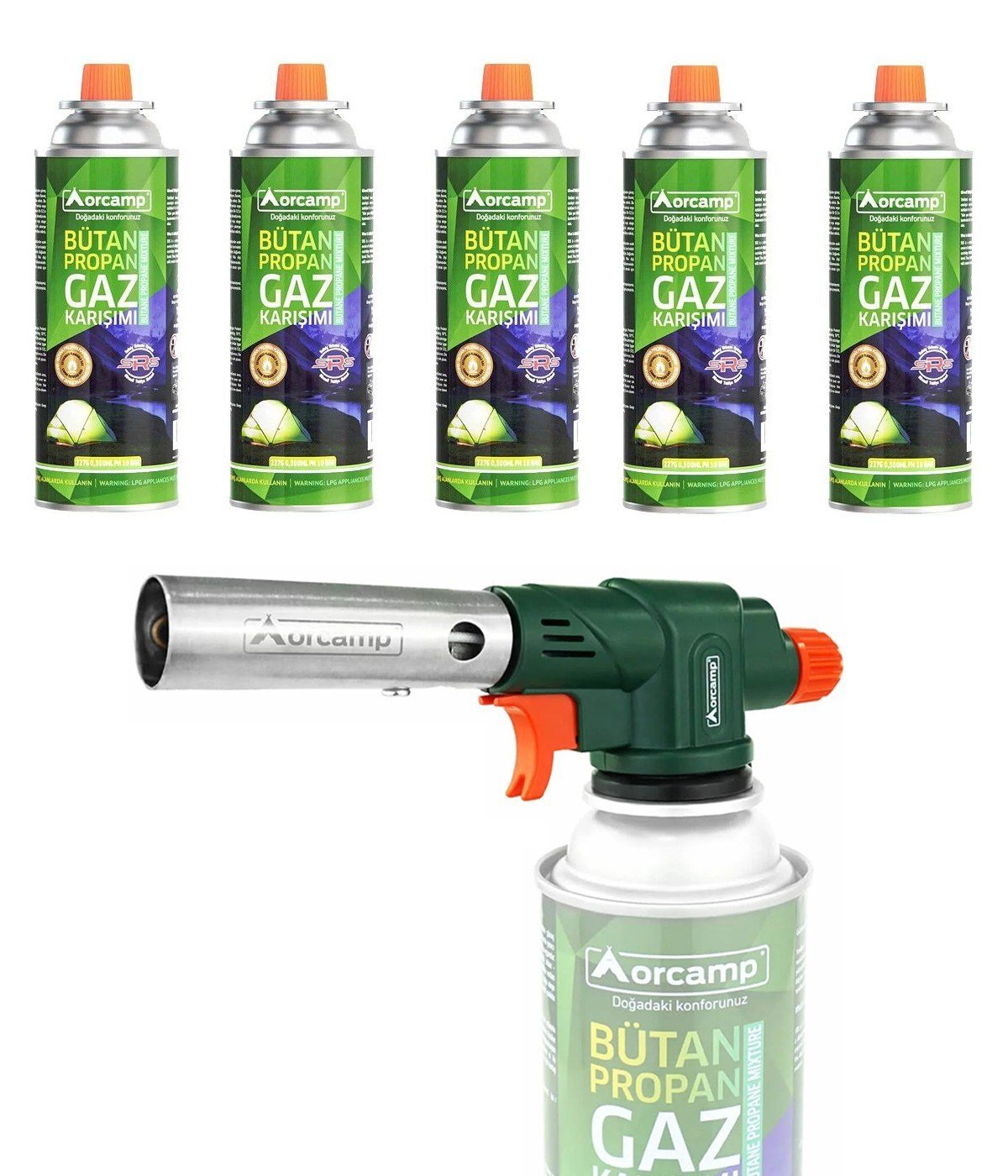 Orcamp Profesyonel Pürmüz Başlık + 5 Adet 227 Gram Gaz Kartuş Seti