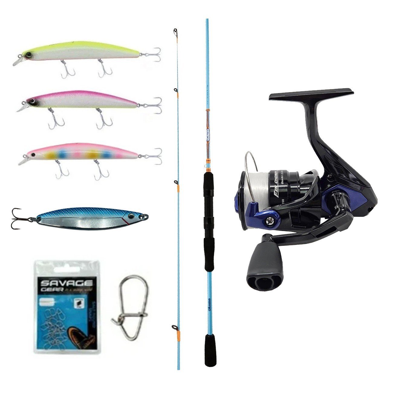 YekOutdoor Okuma Spin Olta Seti Okuma Fuel Spin 2,74 cm 7-30 gr 2 Parça Spin Kamışı&Okuma Fin Chaser X FNX-40BL Blue 1BB Olta Makinesi