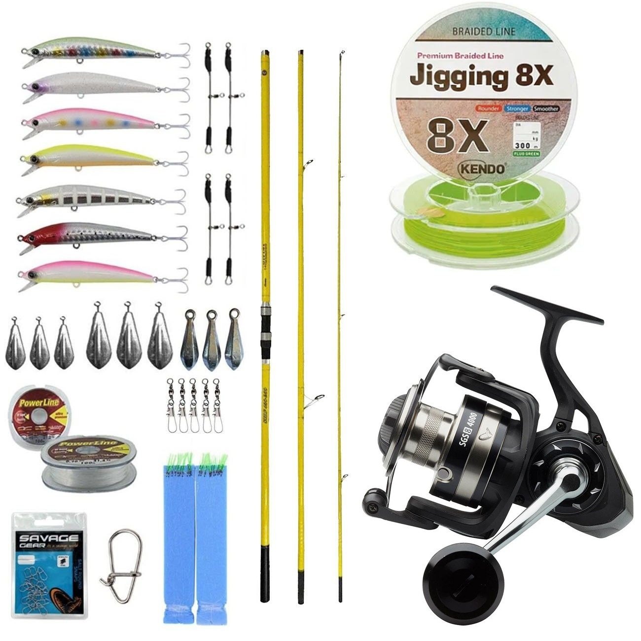 YekOutdoor Yüksek Performans Okuma Olta Seti Okuma Makaira Surf 4,30 cm 100-250 gr 3 Parça Yellow Surf Kamışı&Savage Gear SGS8 8000 FD 8+1BB Olta Makinesi