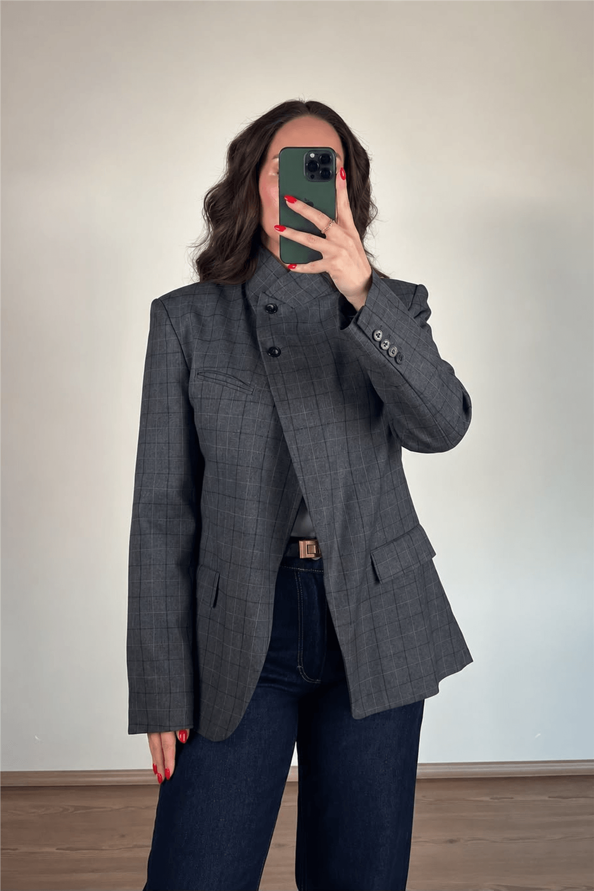 Antrasit Çizgili Dik Yaka Blazer Ceket