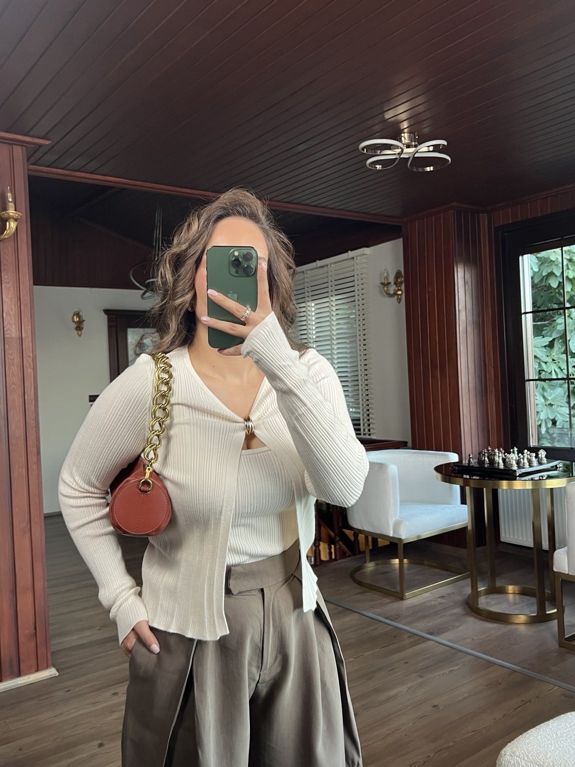 Ekru Gold Halka Detaylı Fitilli Hırka ve Atlet İkili Takım