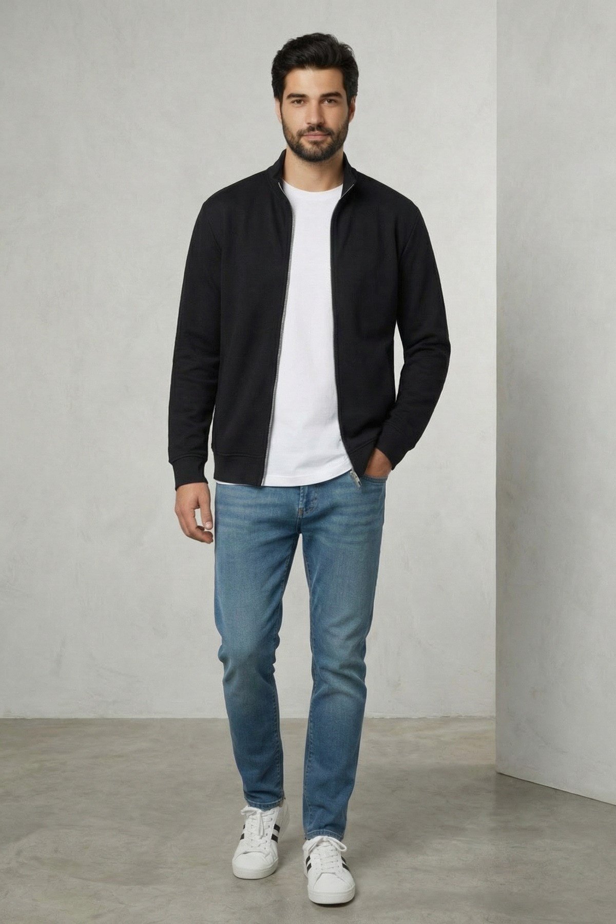 Erkek Relax Kesim Slim Fit Pamuklu Tam Fermuarlı Çift Cepli Dik Yaka Mevsimlik Siyah Sweatshirt